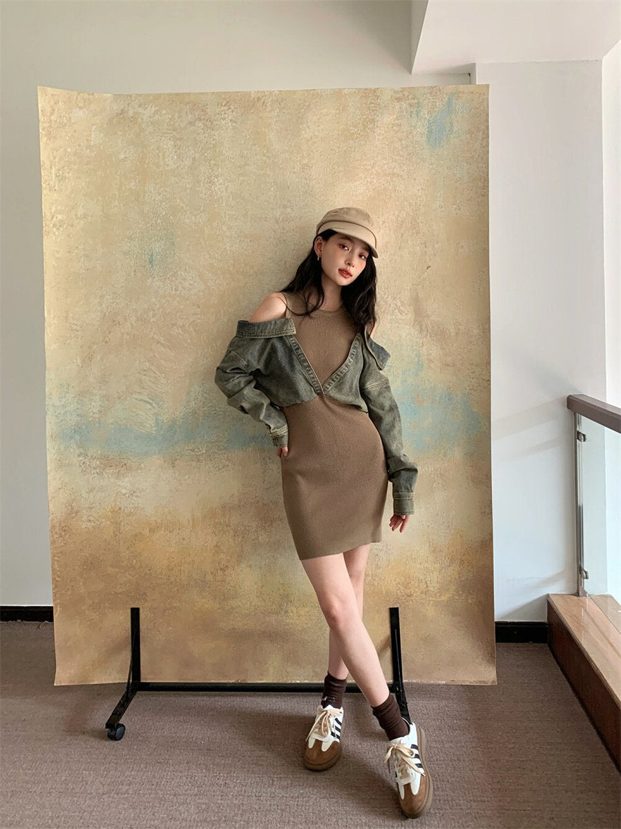 (48H出貨)韓系復古性感牛仔拼接連身裙-2色