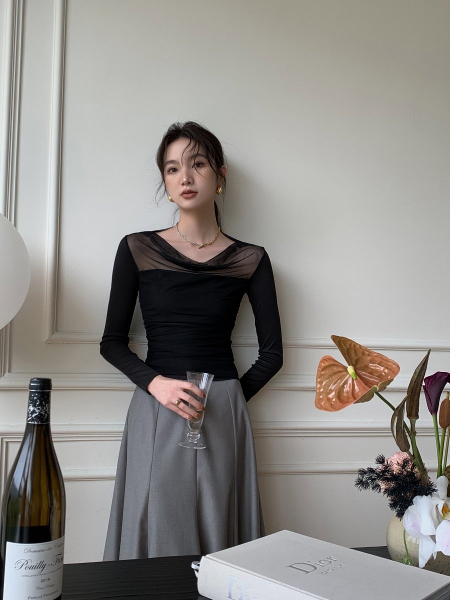 (48H出貨)透膚微彈薄紗性感親膚上衣-2色