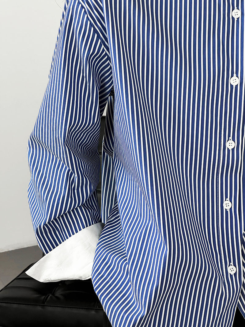 韓系圓領設計藍條紋襯衫