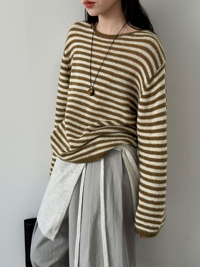 慵懶感軟糯休閒綿羊毛復古條紋針織衫-3色