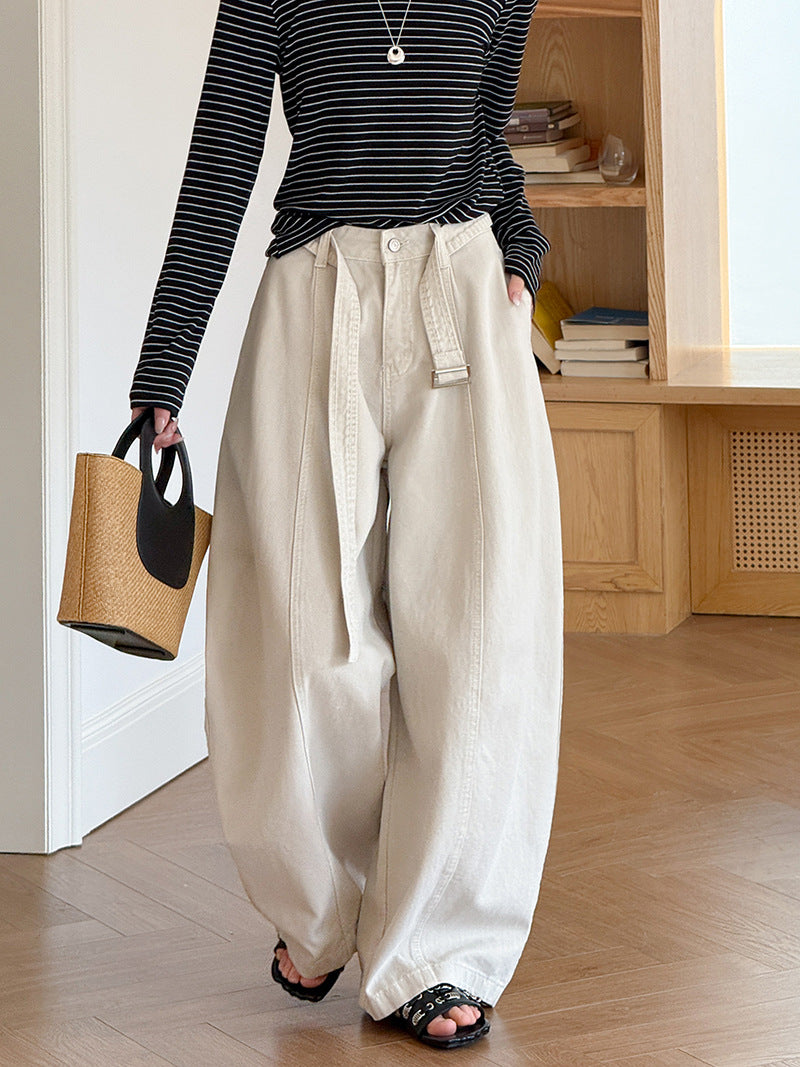 韓系復古高腰寬鬆顯瘦闊腿牛仔褲+腰帶-3色