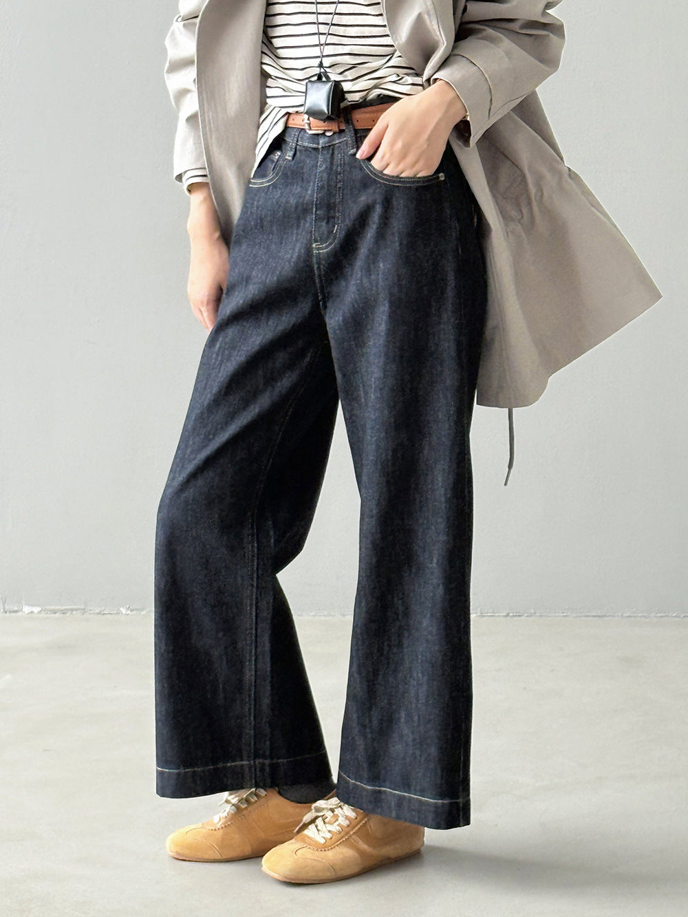 (48H出貨)韓版寬鬆百搭復古高腰牛仔褲+腰帶-2色