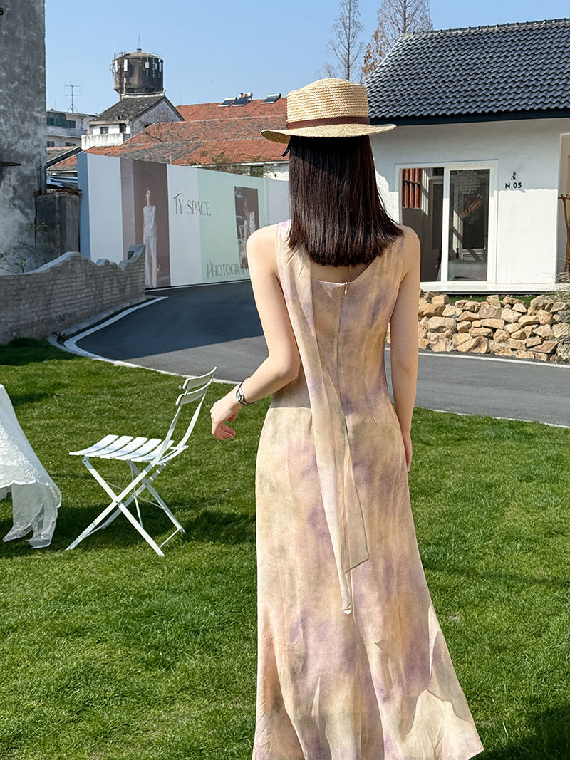 韓系無袖修身暈染垂感A字連身裙