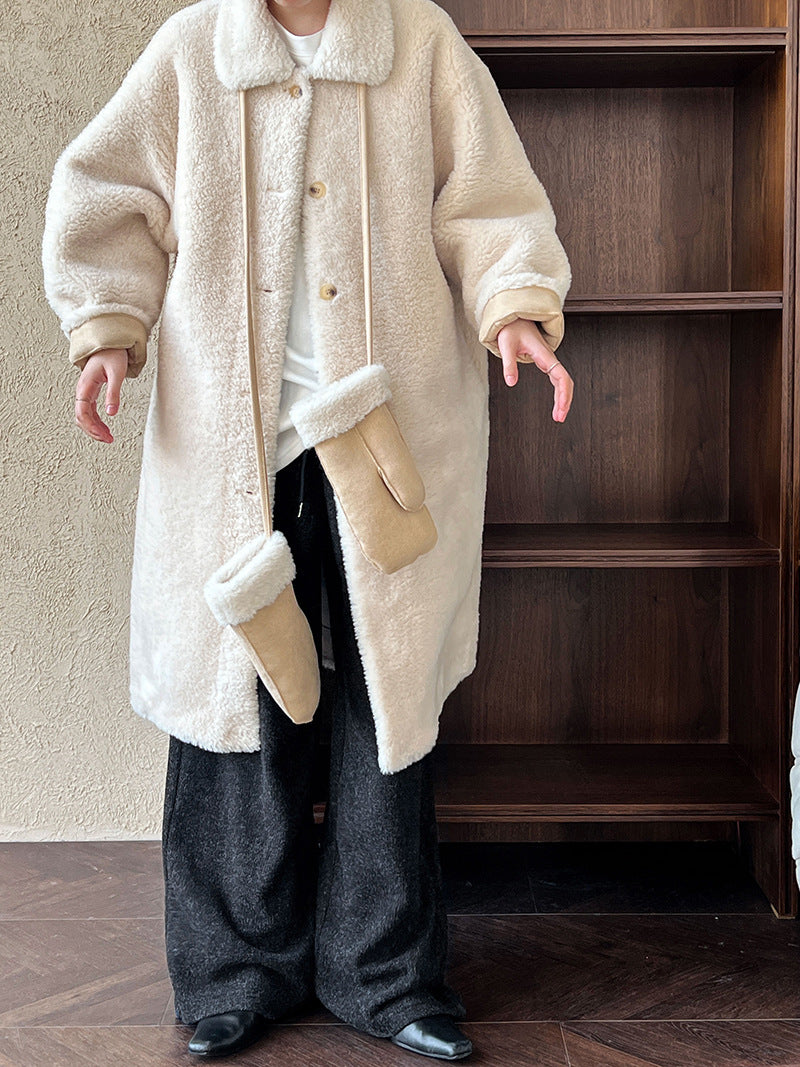 韓版翻領配手套羊羔毛大衣外套