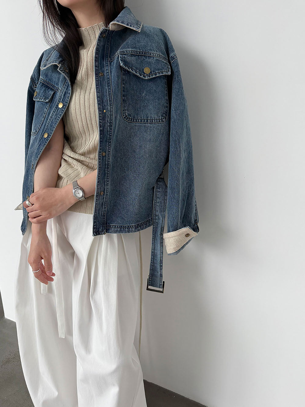復古水洗翻領繫帶收腰牛仔夾克外套