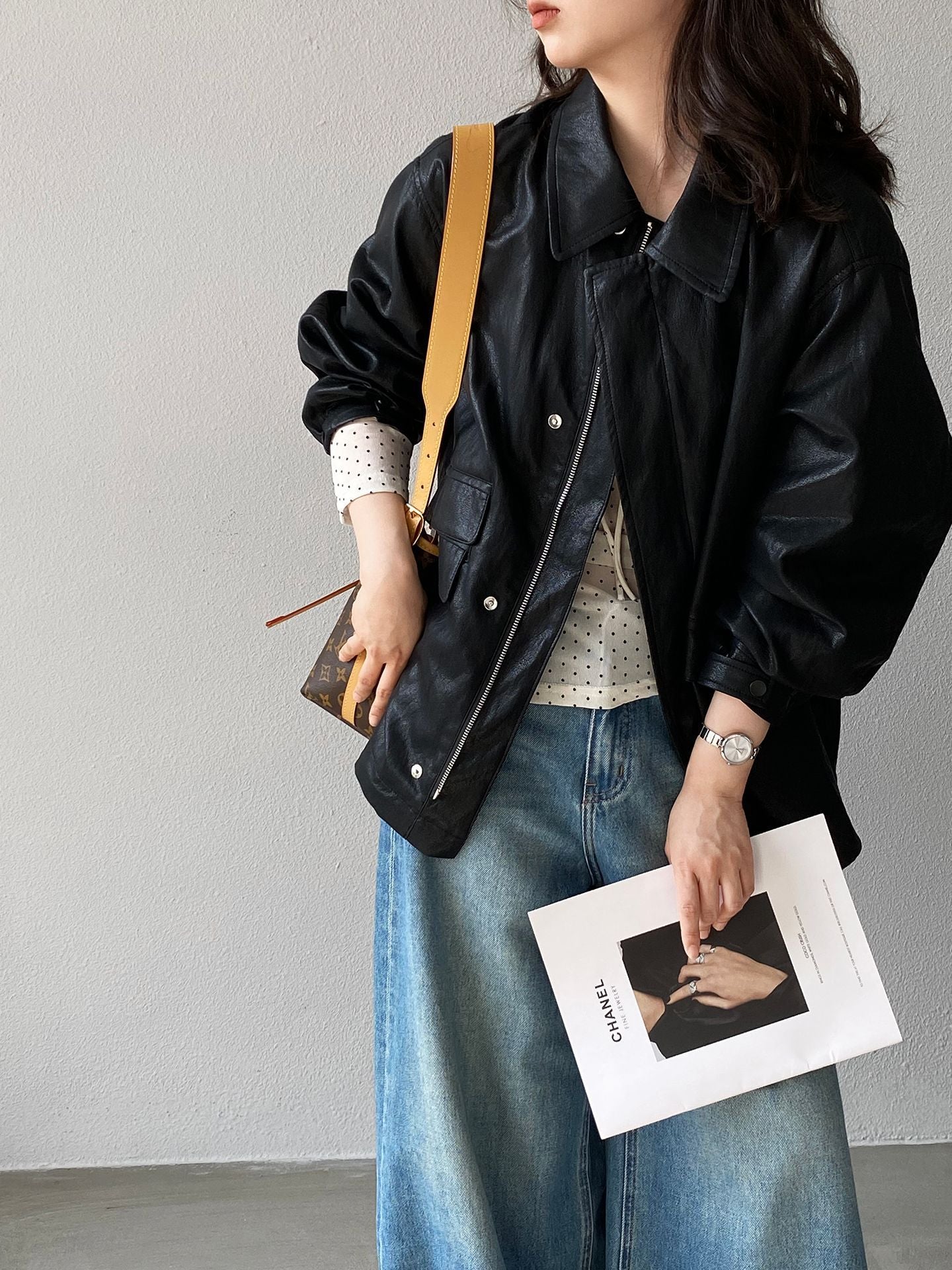 復古蛋白皮設計感短款PU皮衣夾克外套-2色