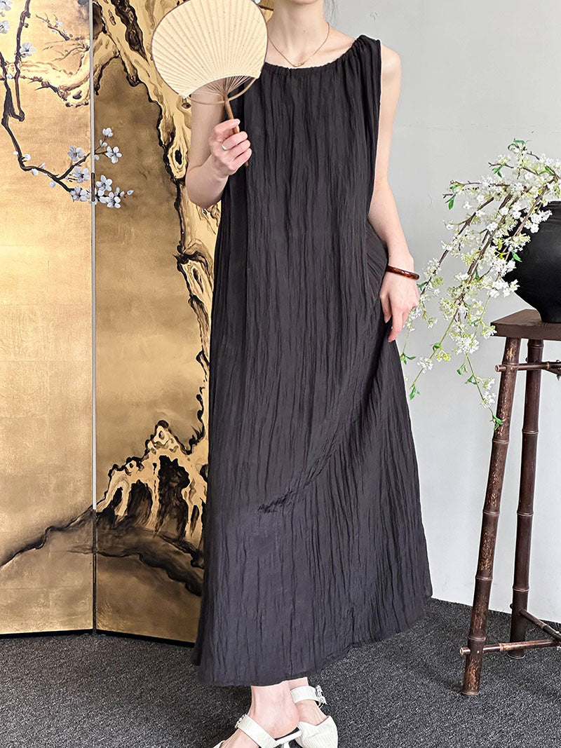 韓系立體波紋慵懶無袖天絲連衣裙-3色