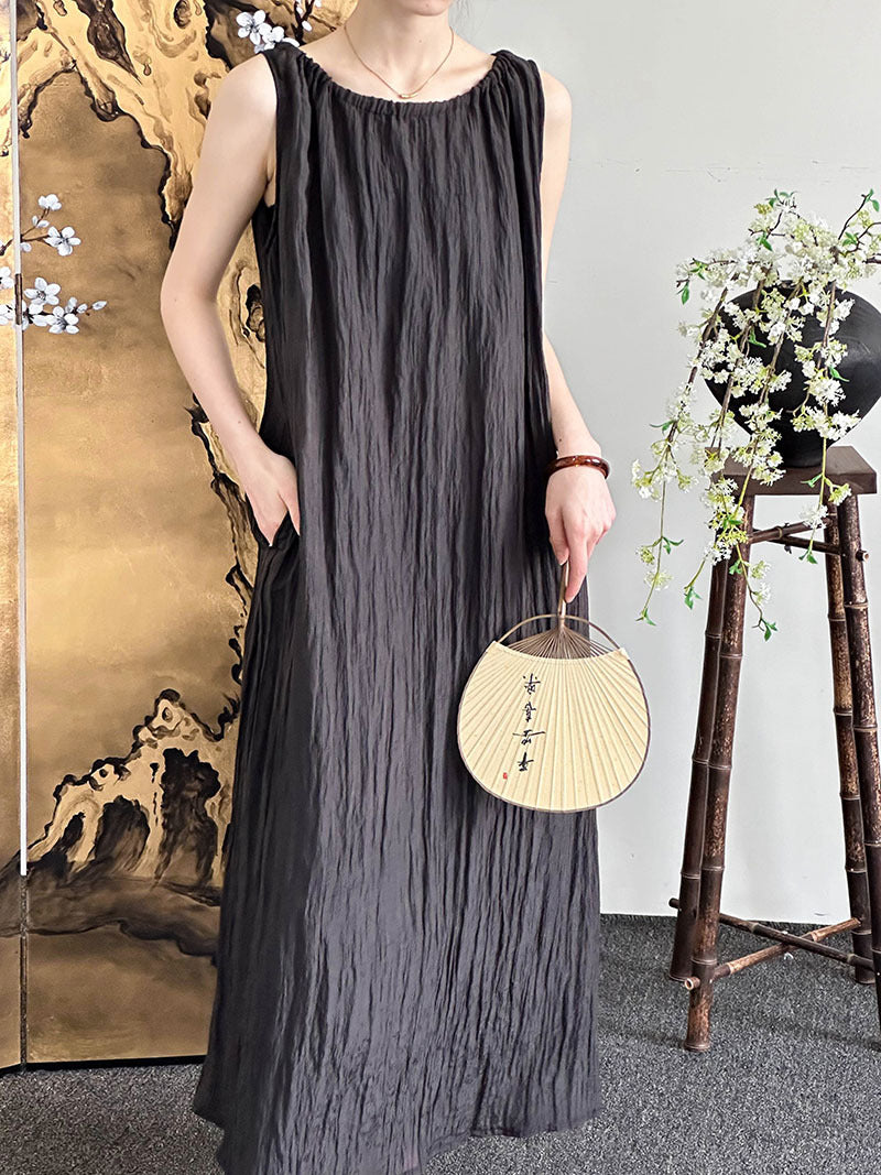 韓系立體波紋慵懶無袖天絲連衣裙-3色