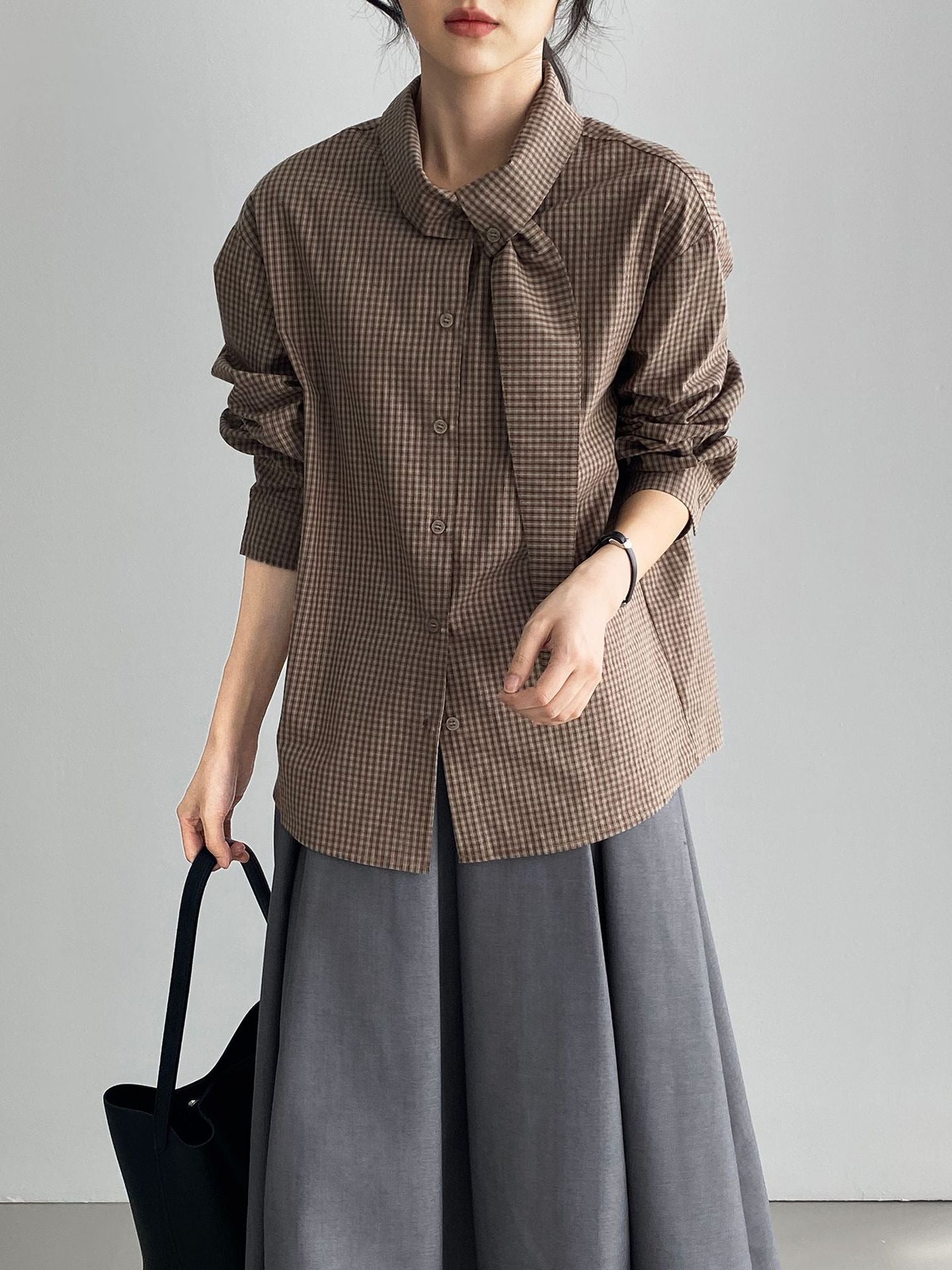 韓系設計感小衆領結格子襯衫-2色