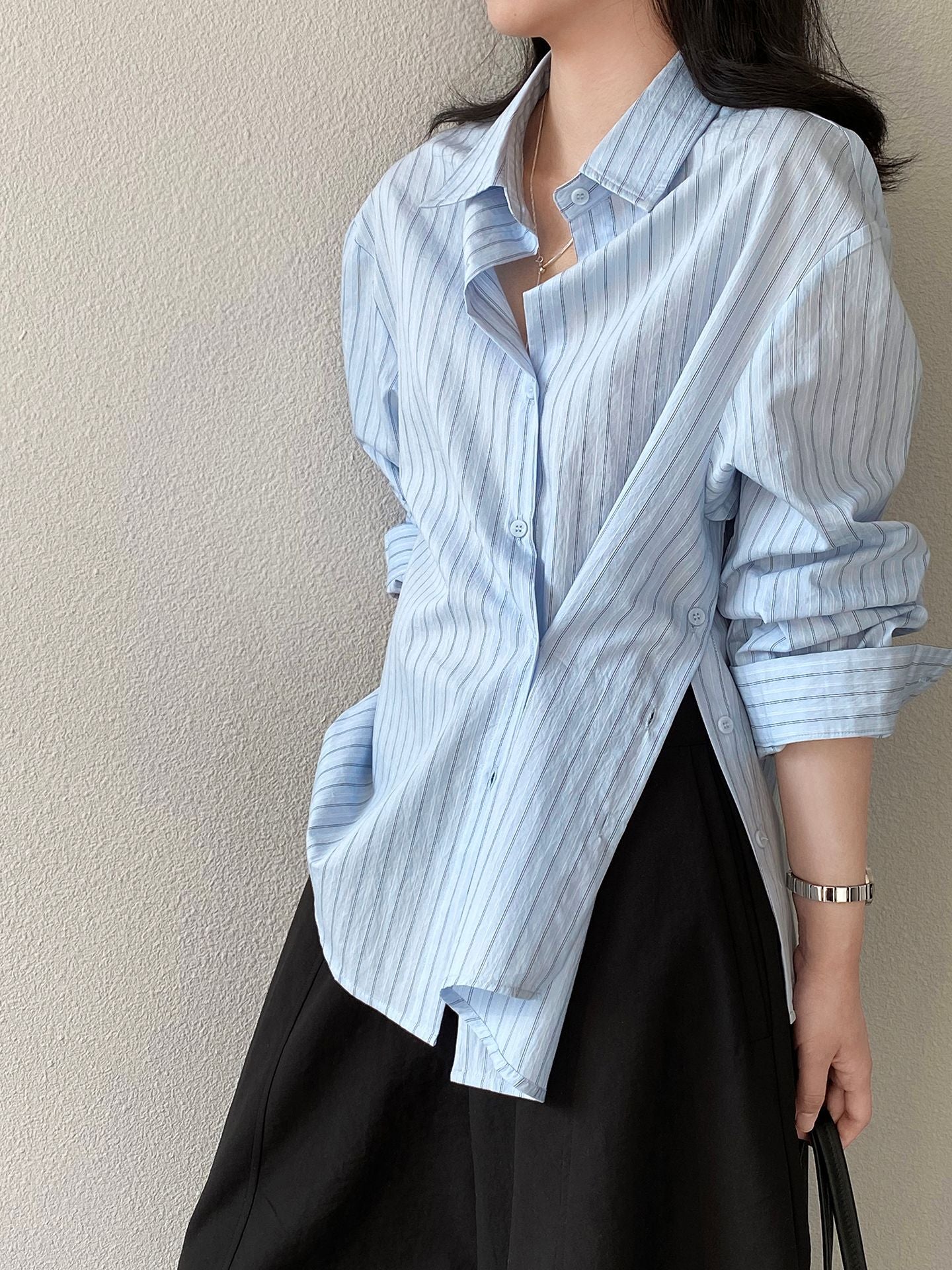 韓系氣質不規則開叉藍色條紋襯衫-2色