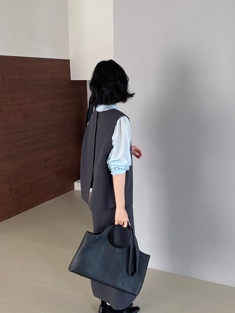 韓版高品質顯瘦西裝無袖馬甲+半身裙+配腰帶-三件式套裝