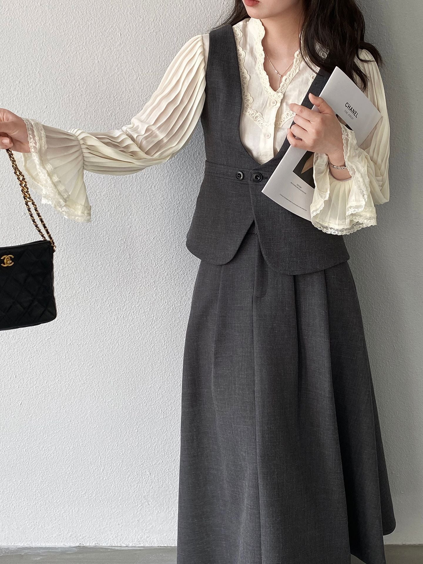 韓系通勤西裝氣質兩穿顯瘦馬甲+休閒半身裙-兩件式套裝