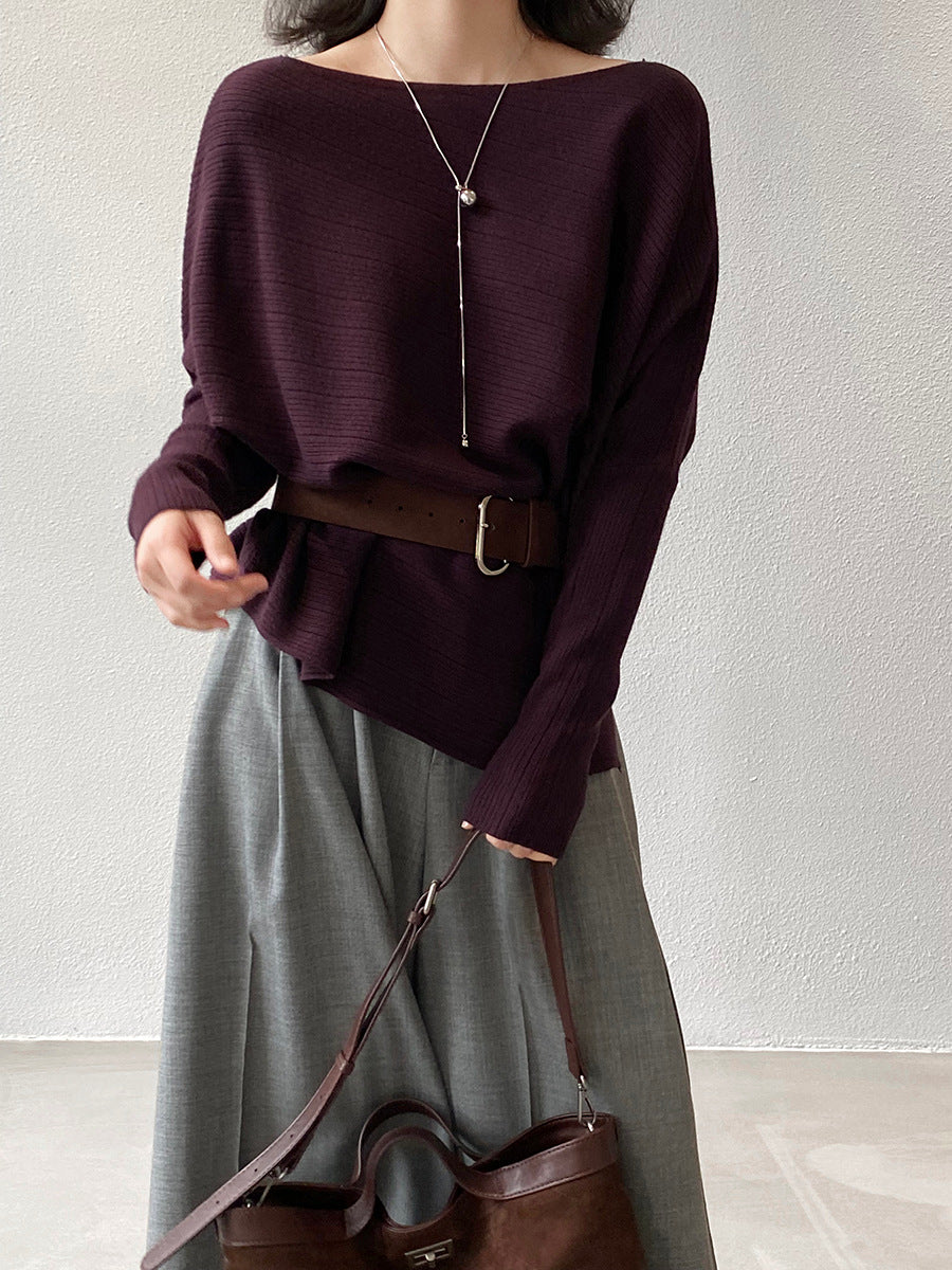韓系高級感不規則長袖斜肩針織衫+腰帶-6色