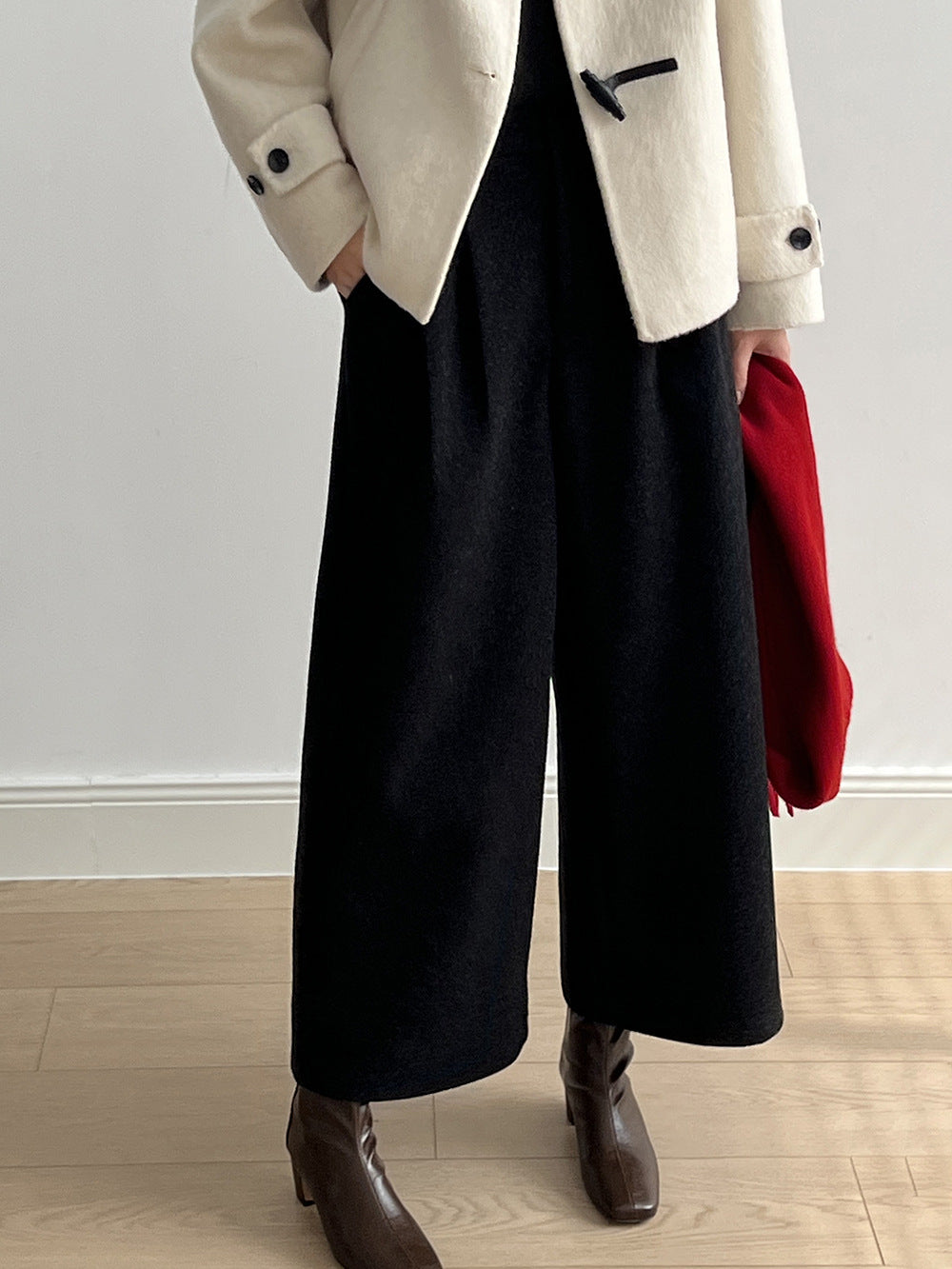 (48H出貨)毛呢高腰毛呢寬鬆直筒九分褲-2色