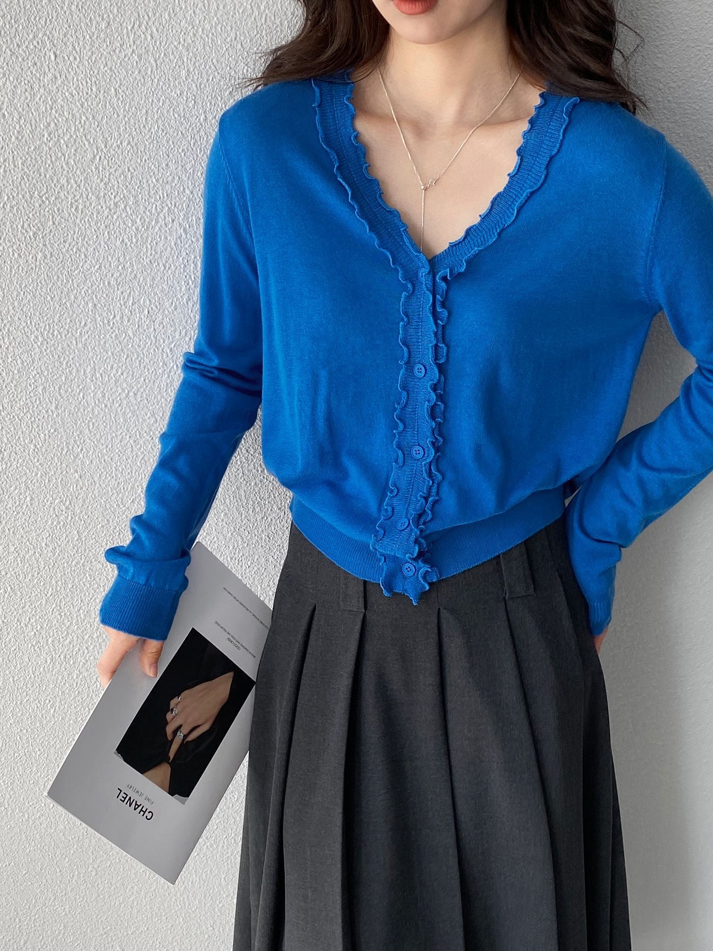 韓系氧氣感V領寬鬆純色顯瘦木耳邊針織開衫-8色