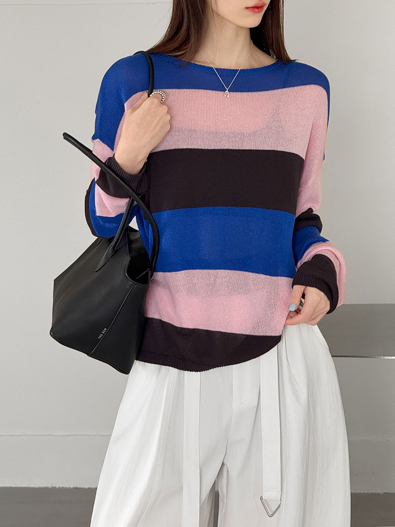 韓系天絲條紋撞色寬鬆圓領長袖針織T恤-2色