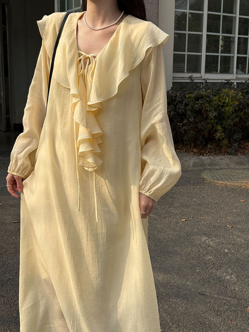 法式簡約慵懶泡泡袖荷葉邊V領連身裙-3色