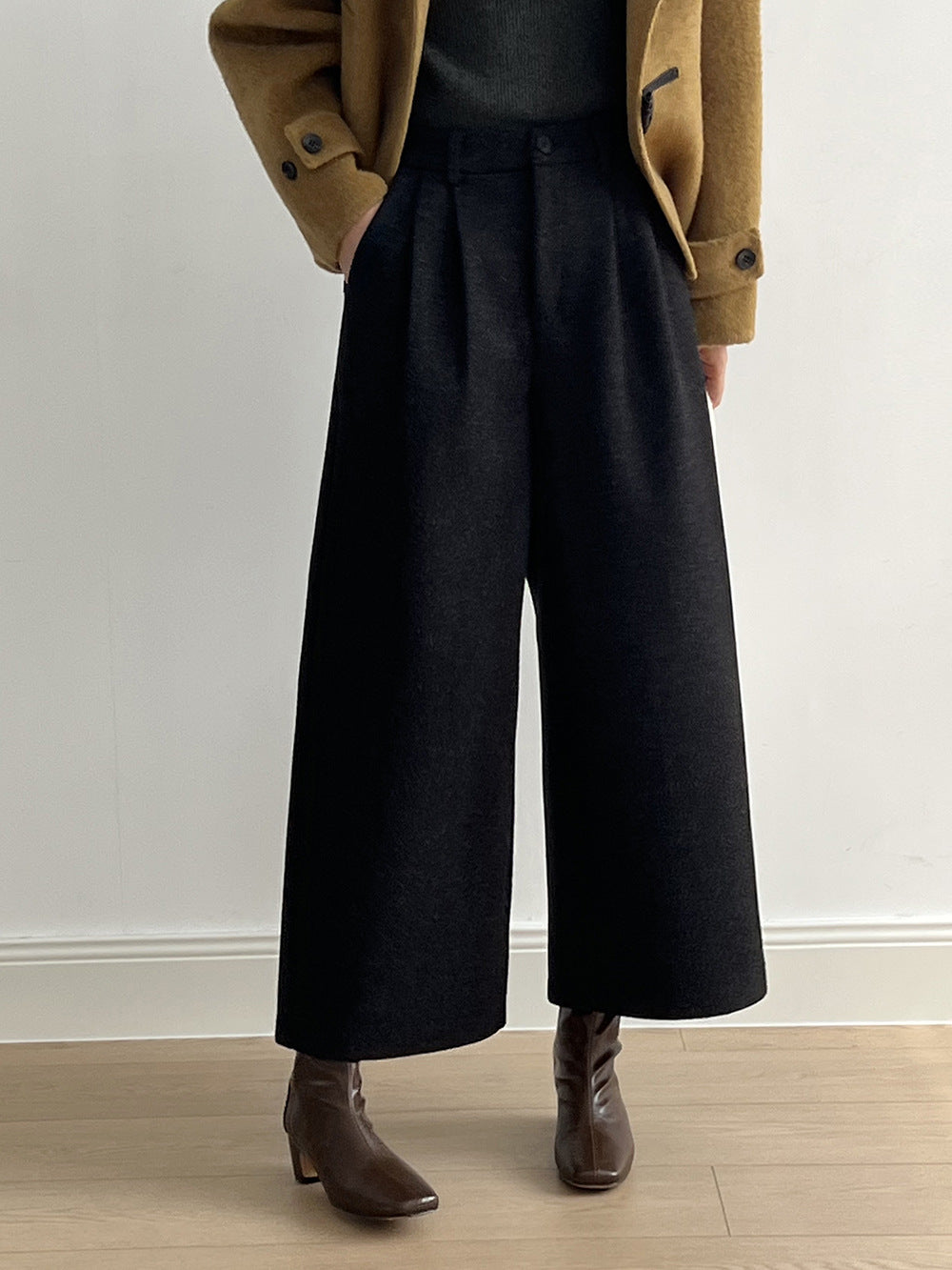 (48H出貨)毛呢高腰毛呢寬鬆直筒九分褲-2色