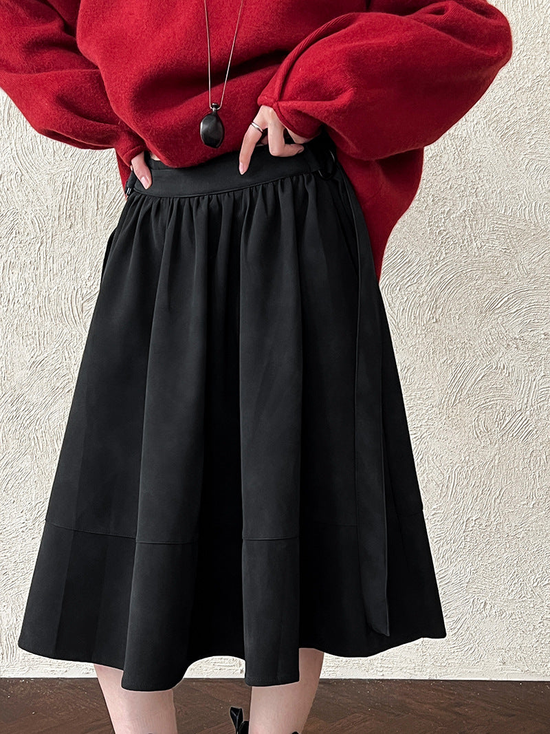 復古麂皮拼接百褶遮肉顯瘦半身裙-2色