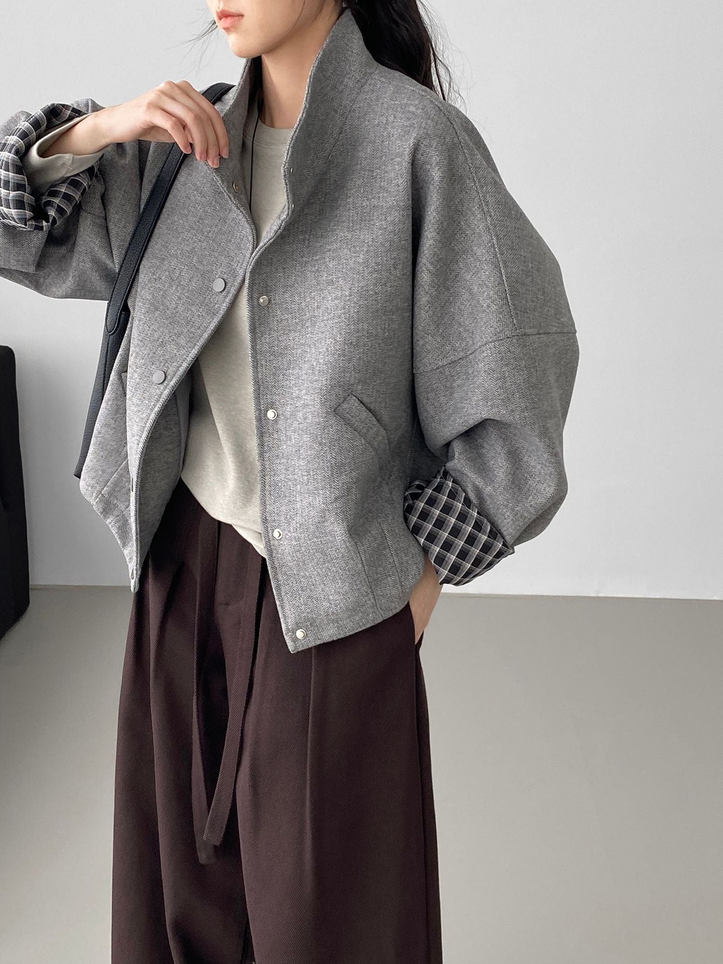 韓系復古羊毛立領格紋拼接外套-2色