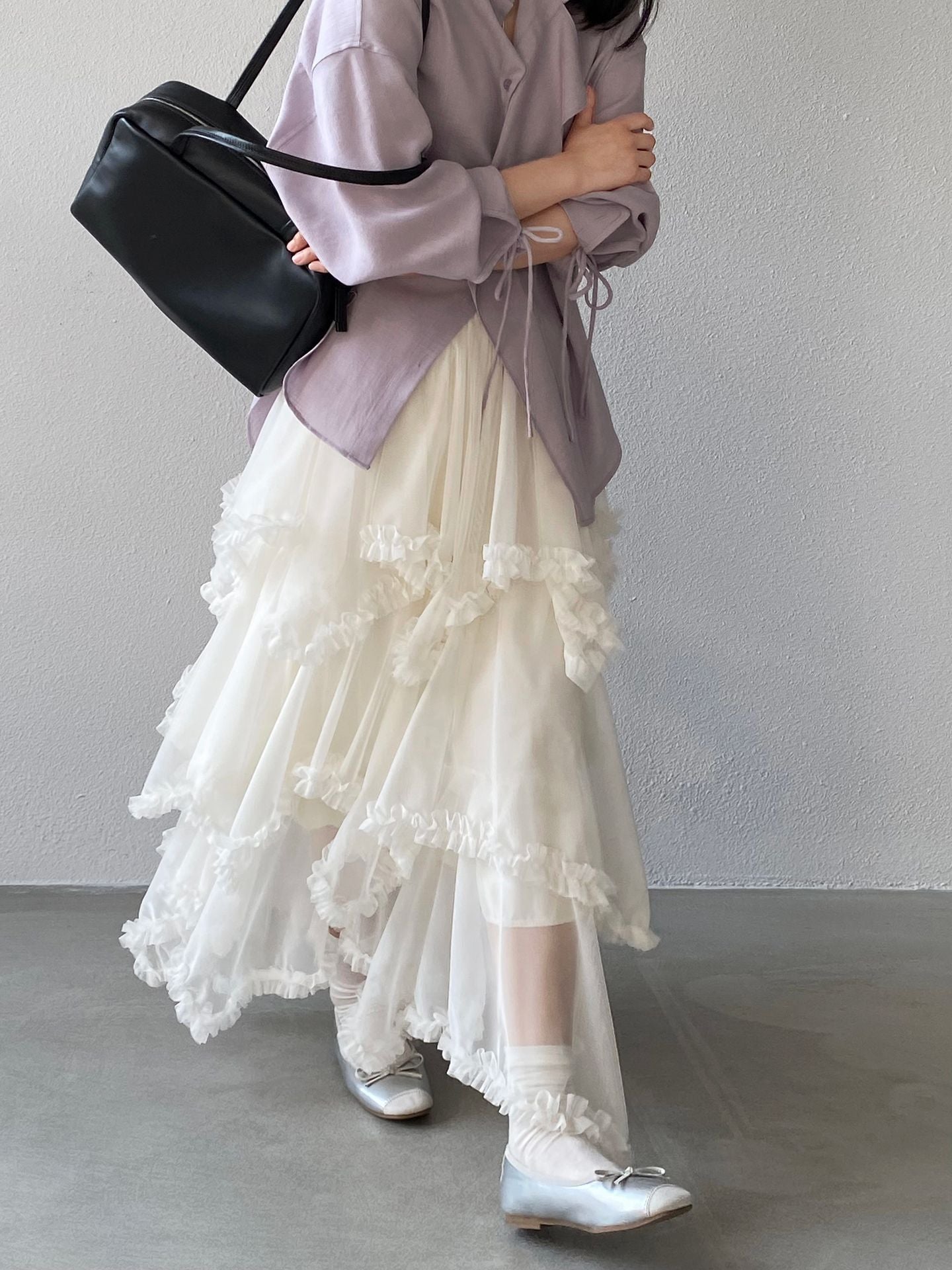 漫野山茶蕾絲花邊網紗不規則半身裙