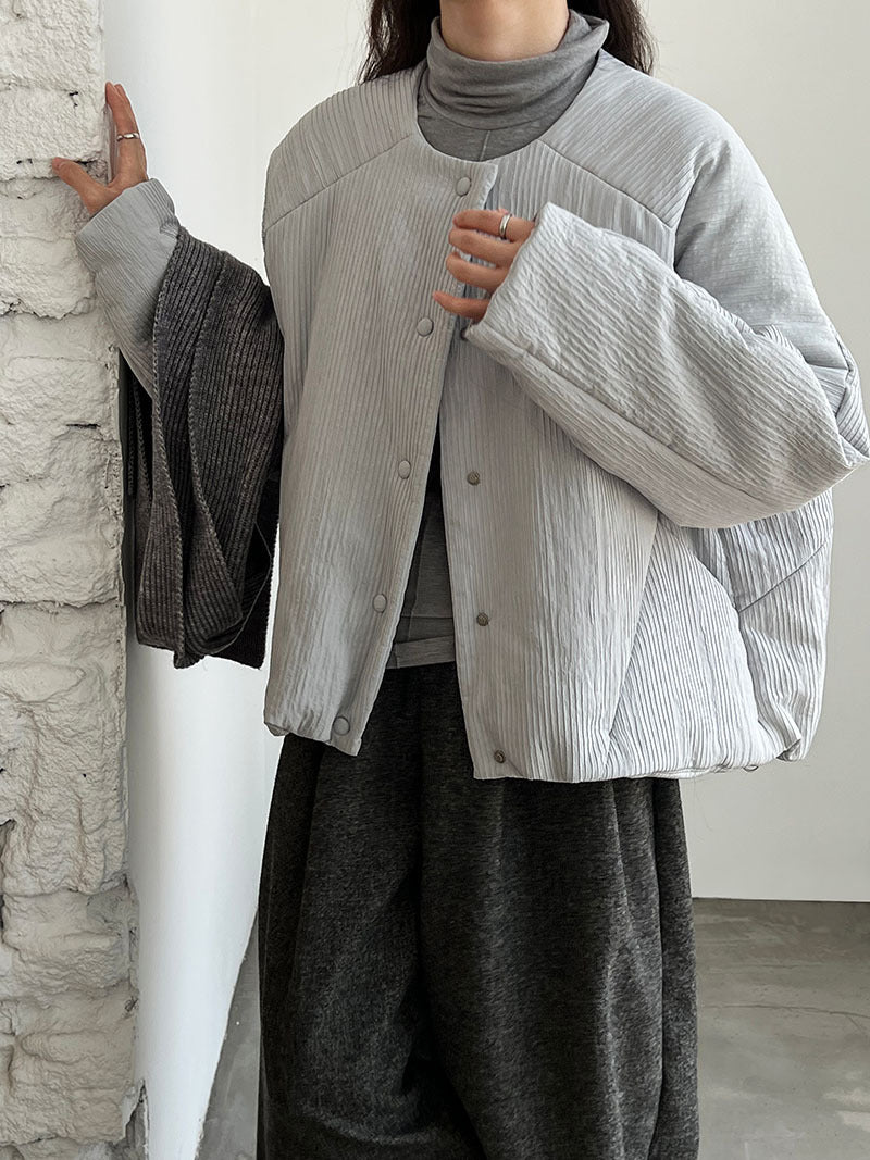 韓系簡約寬鬆休閒圓領短款棉襖夾克外套-3色