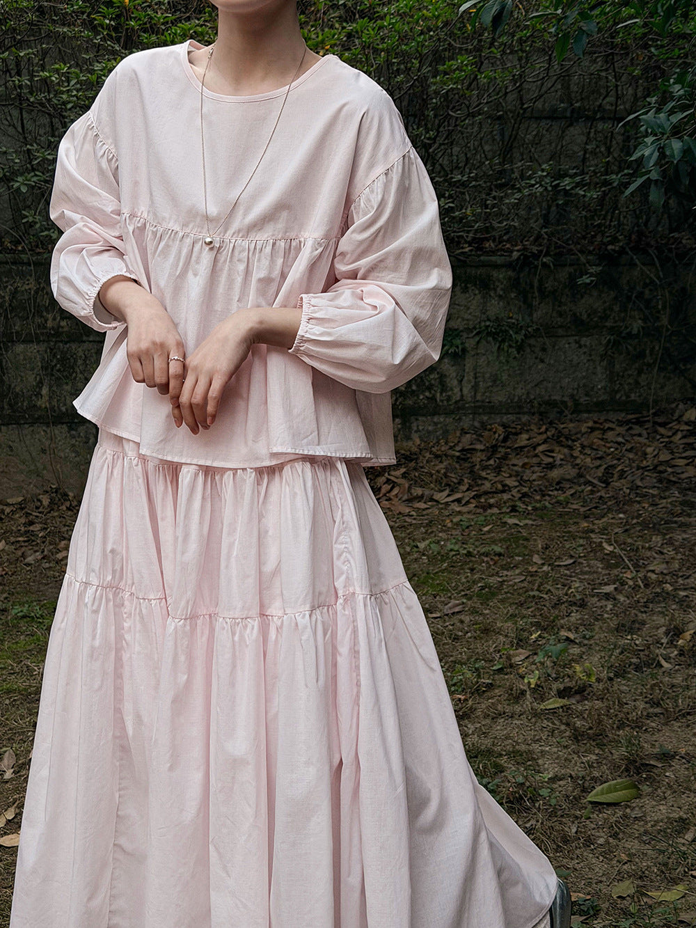 春感甜美娃娃衫+褶皺大擺半身裙-兩件式套裝-2色