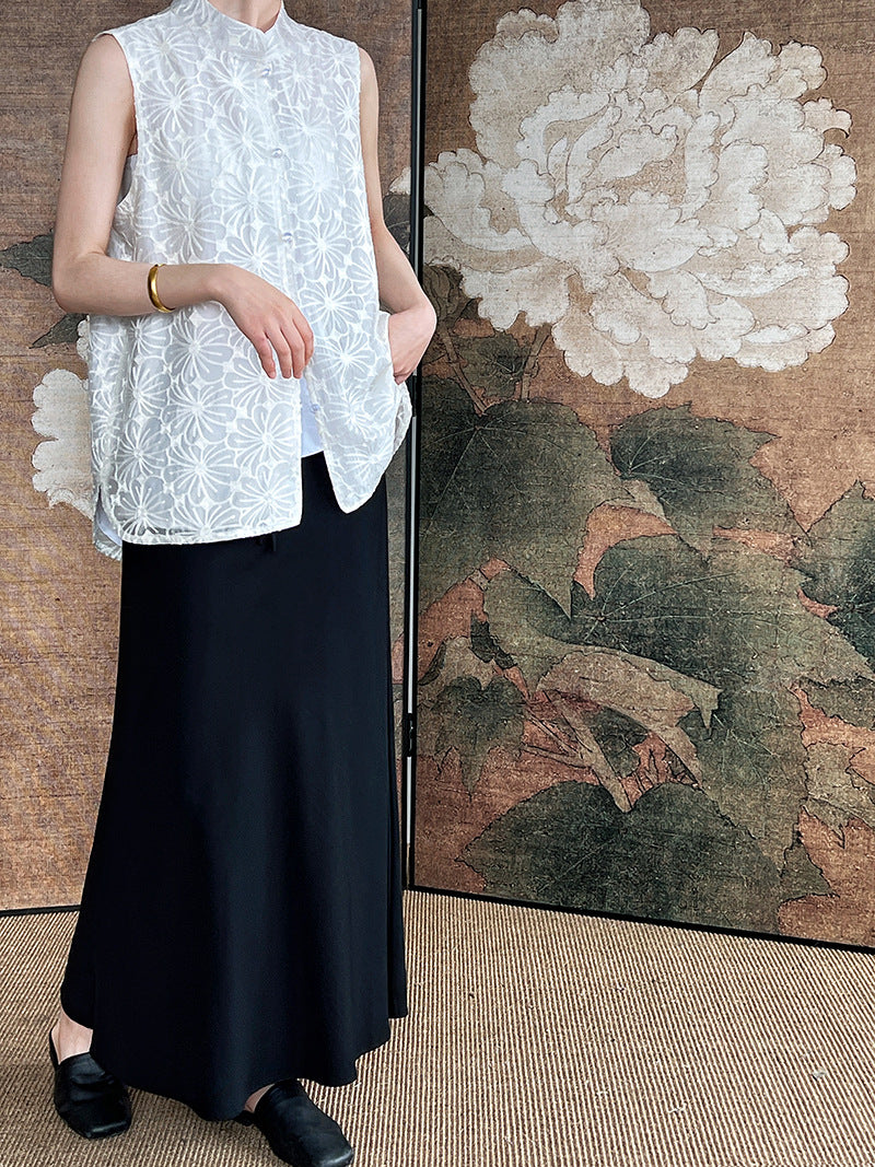 (48H出貨)古典天絲刺繡勾花馬甲背心-2色