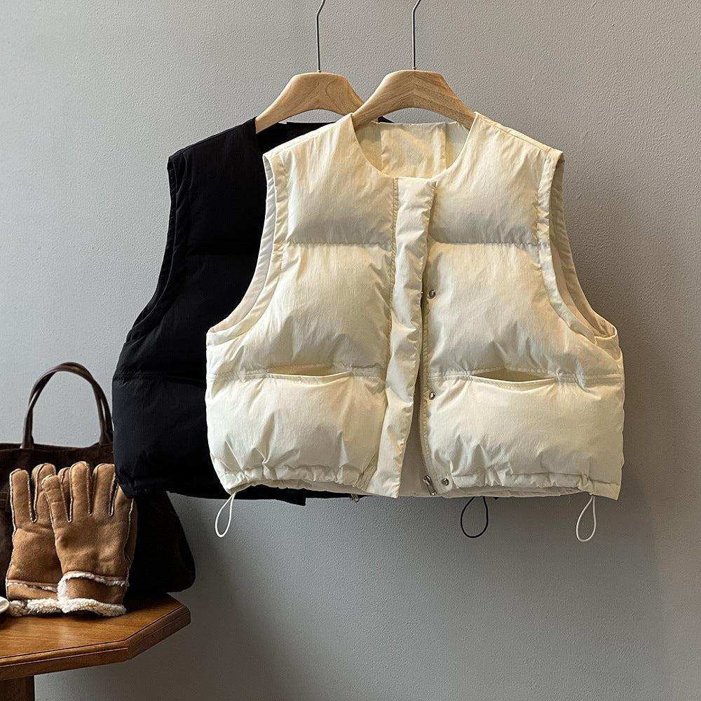 日系圓領短款寬鬆羽絨馬甲背心-2色
