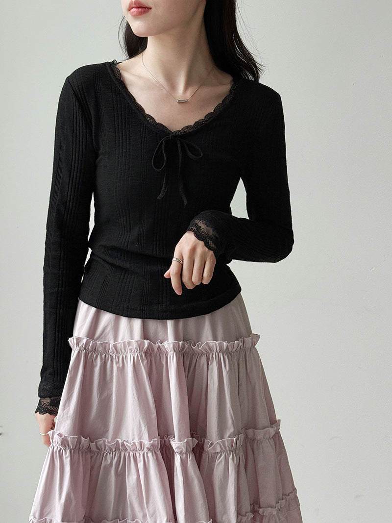 韓系V領蕾絲蝴蝶結內搭修身長袖打底衫-2色