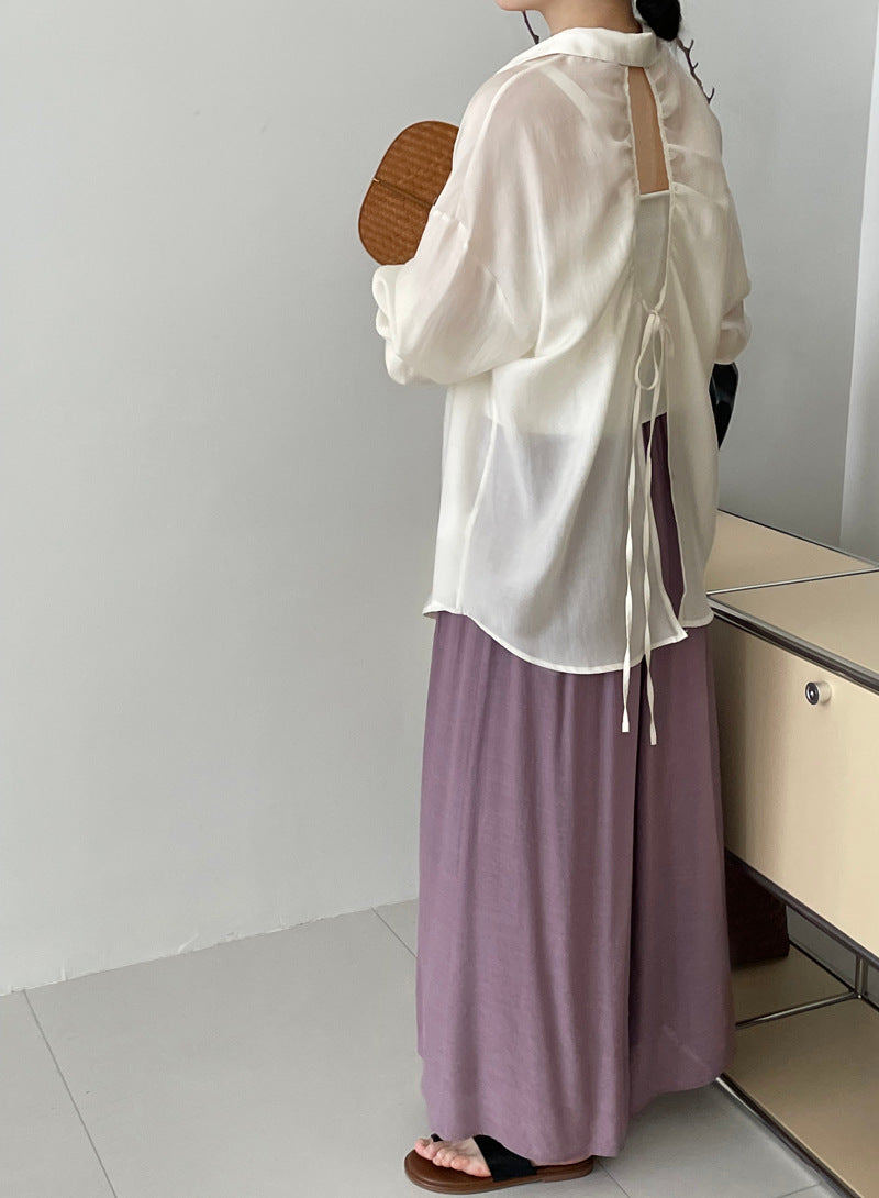 天絲飄逸感系帶背開叉防曬襯衫-3色