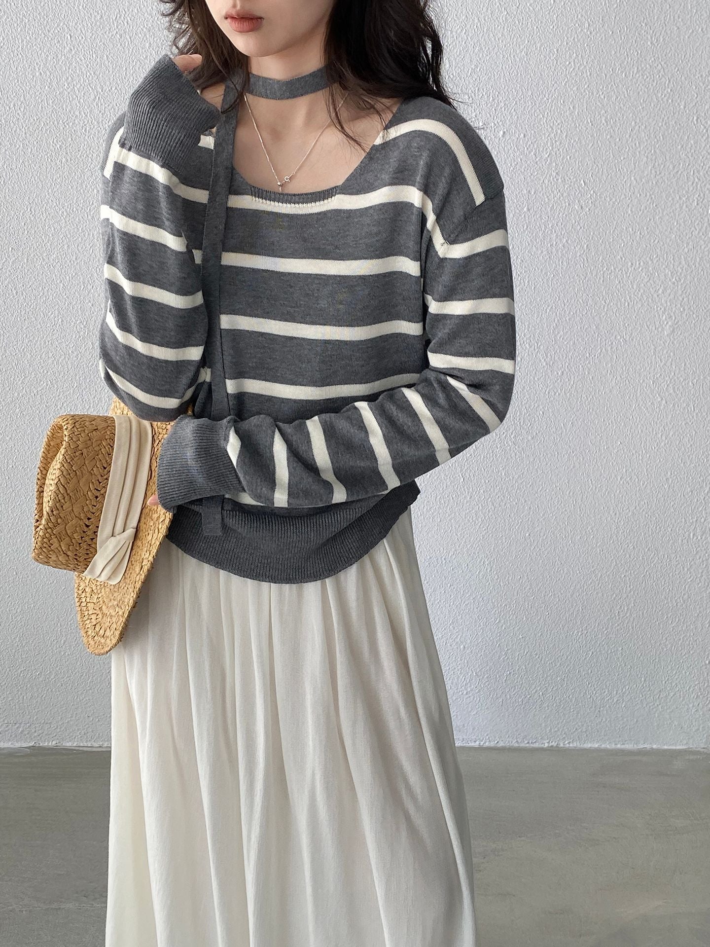 韓系撞色條紋飄帶長袖針織毛衣-5色