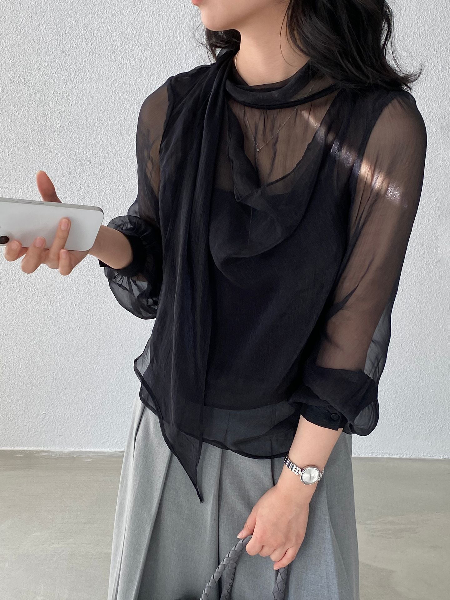 薄霧月光柔軟清透歐根紗飄帶假兩件襯衫-2色