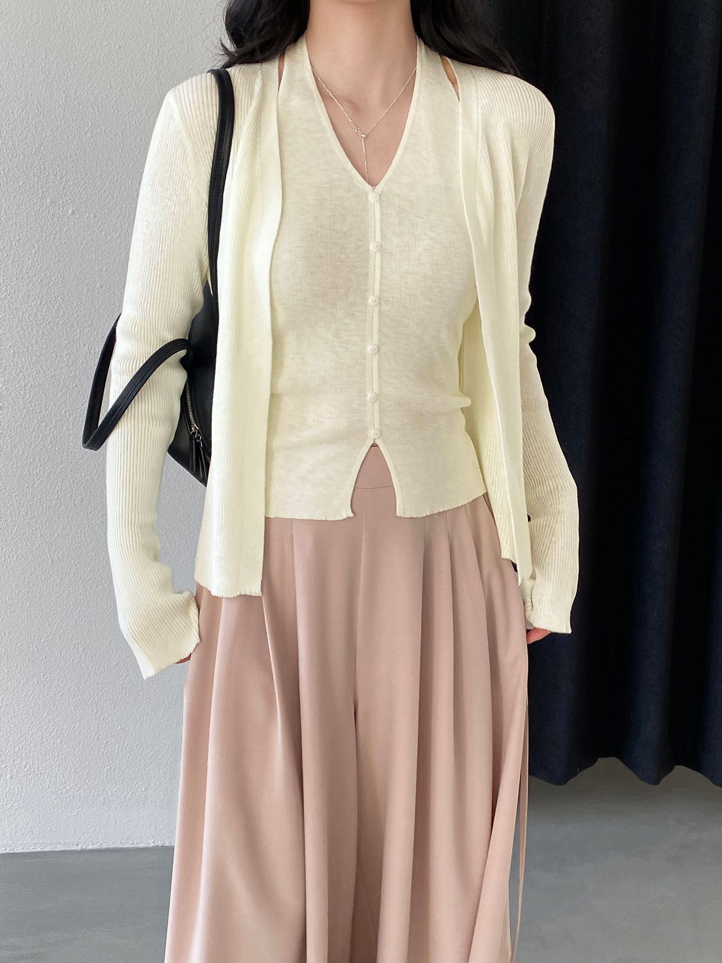 韓系極簡風假兩件套掛脖針織開衫-5色