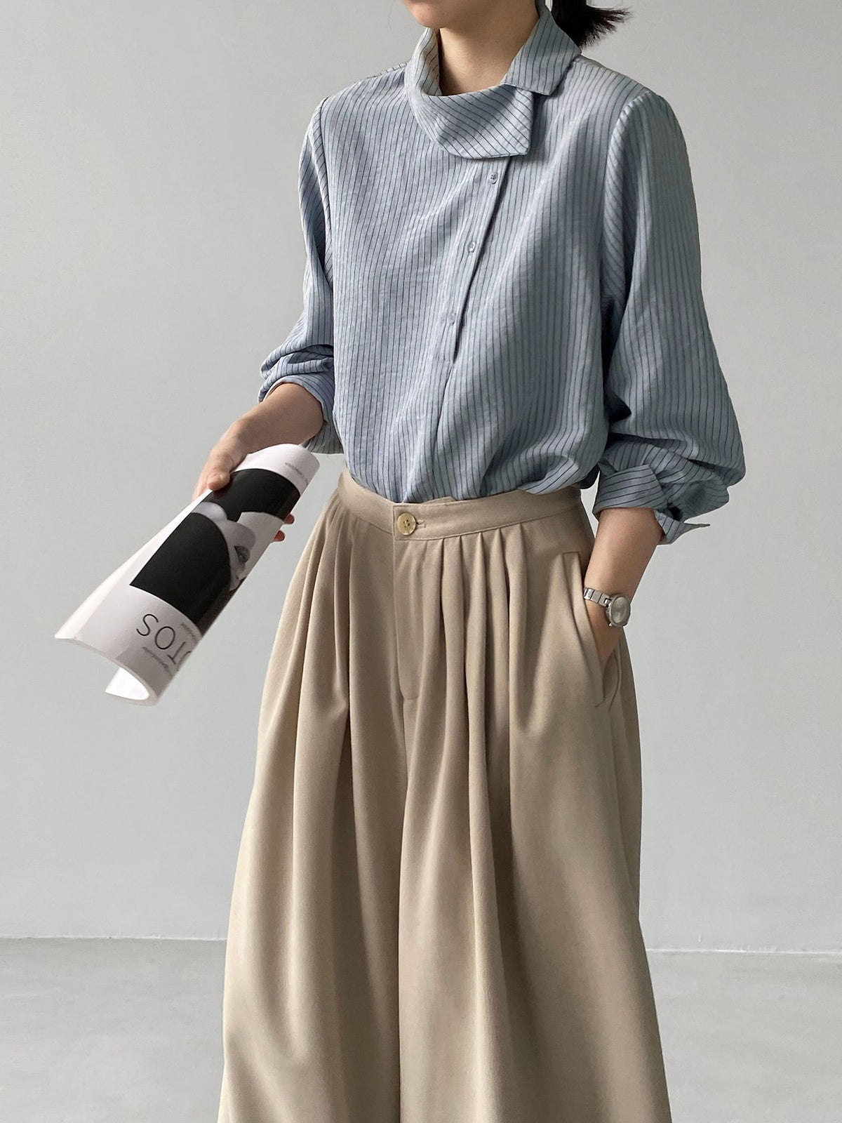 韓系通勤氣質豎條紋斜扣襯衫