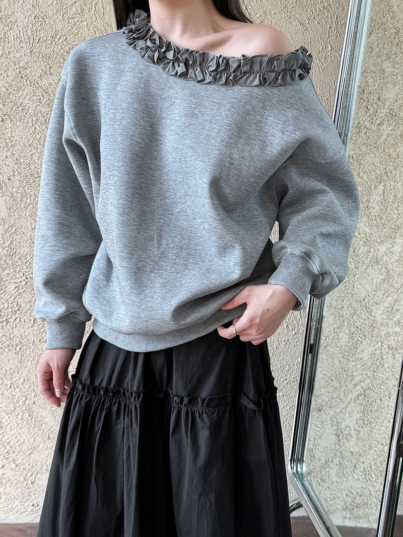 韓版木耳花邊斜肩長袖休閒T恤-2色