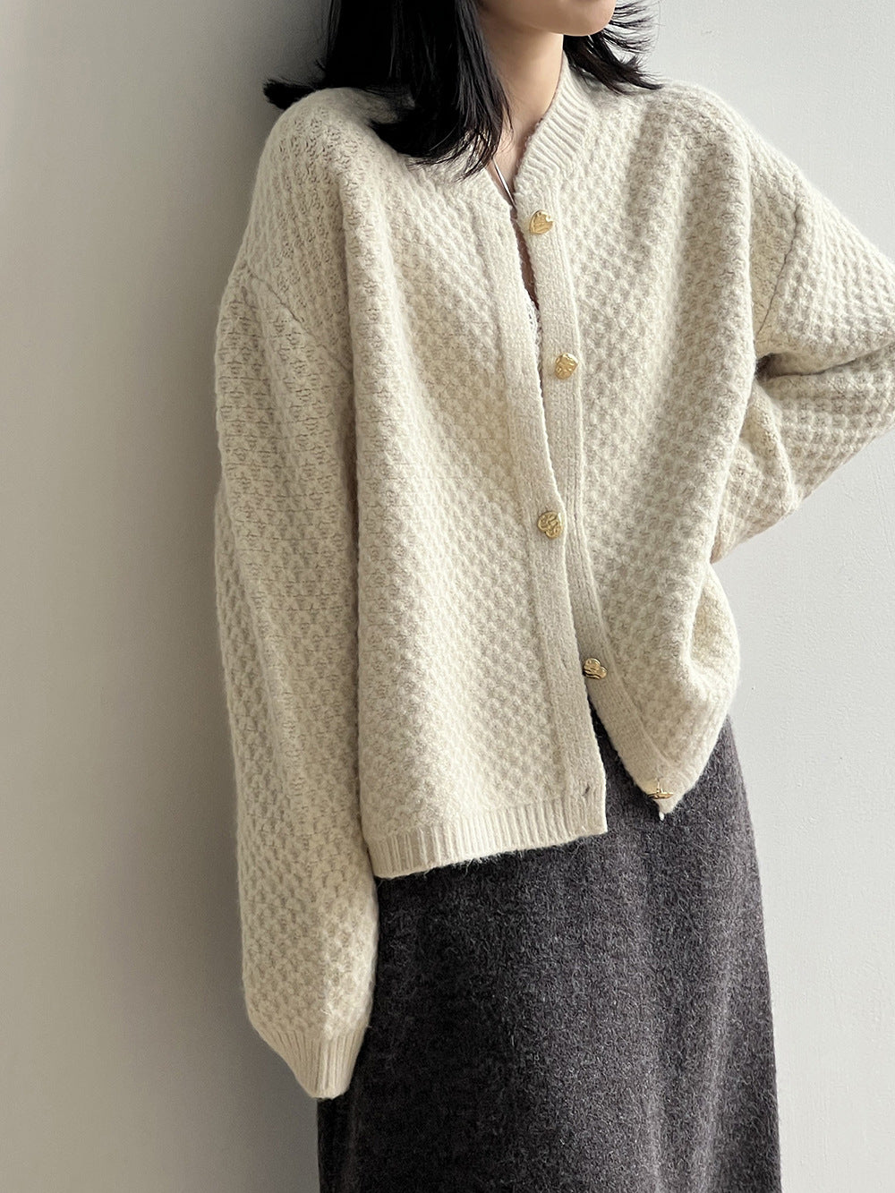 菠蘿紋愛心慵懶扣軟糯針織開衫-3色