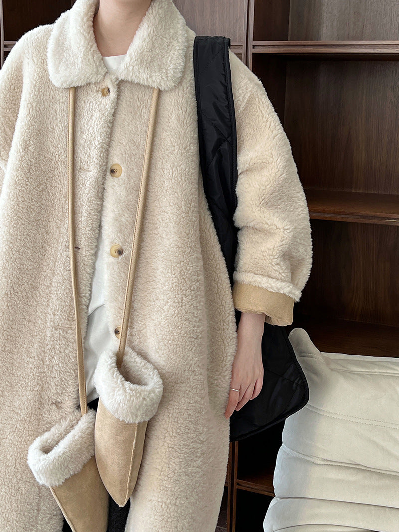 韓版翻領配手套羊羔毛大衣外套