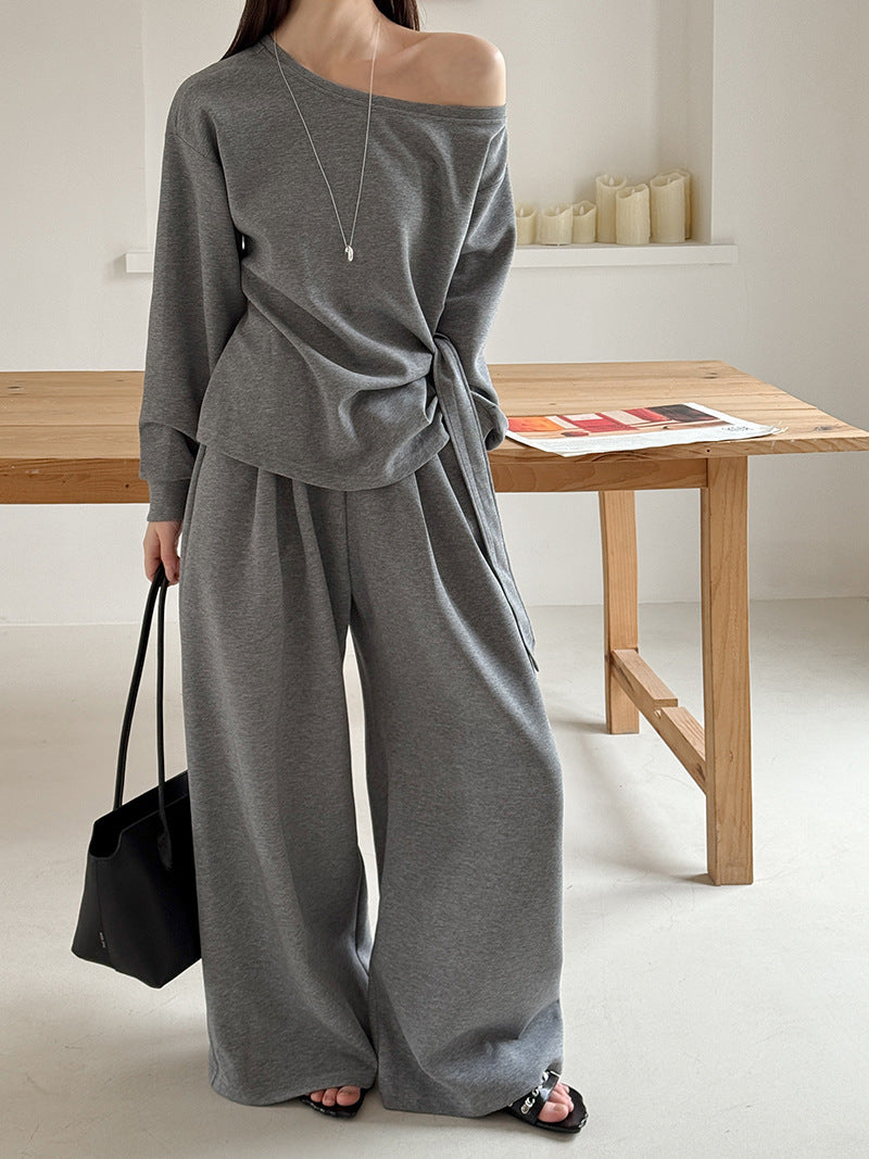 韓版休閒腰綁帶針織上衣+闊腿褲-兩件式套裝