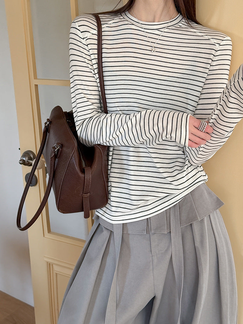 簡約拼色條紋圓領寬鬆套頭長袖針織衫-2色