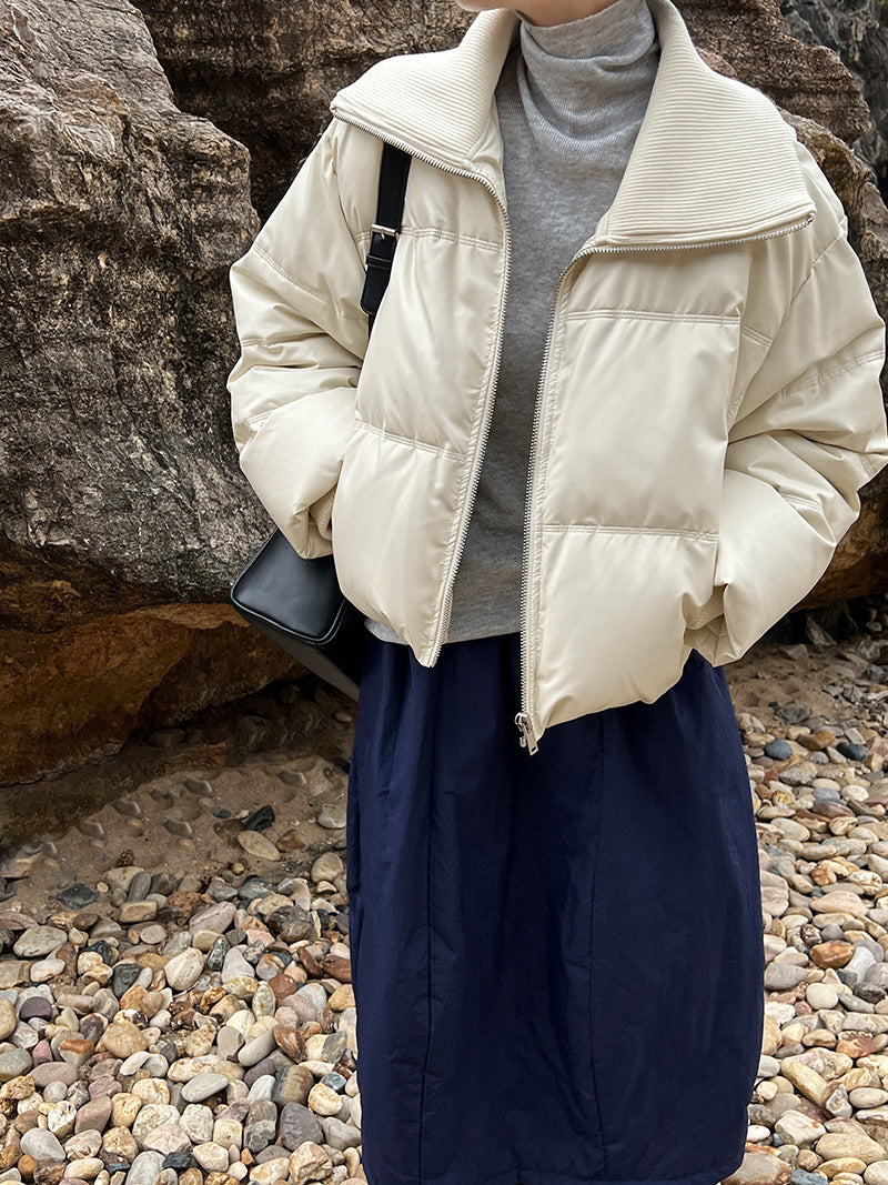 韓版90%白鴨絨短款大翻領拼接PU皮羽絨外套-3色