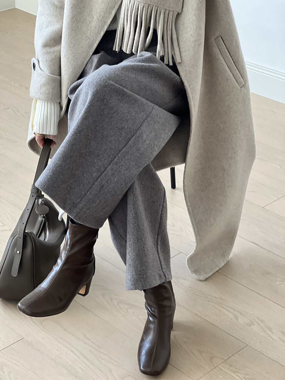 (48H出貨)毛呢高腰毛呢寬鬆直筒九分褲-2色