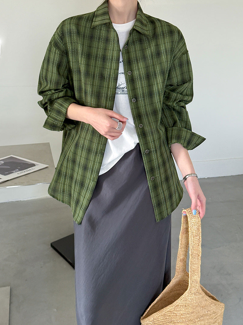 韓系潮流透氣格紋寬鬆防曬襯衫
