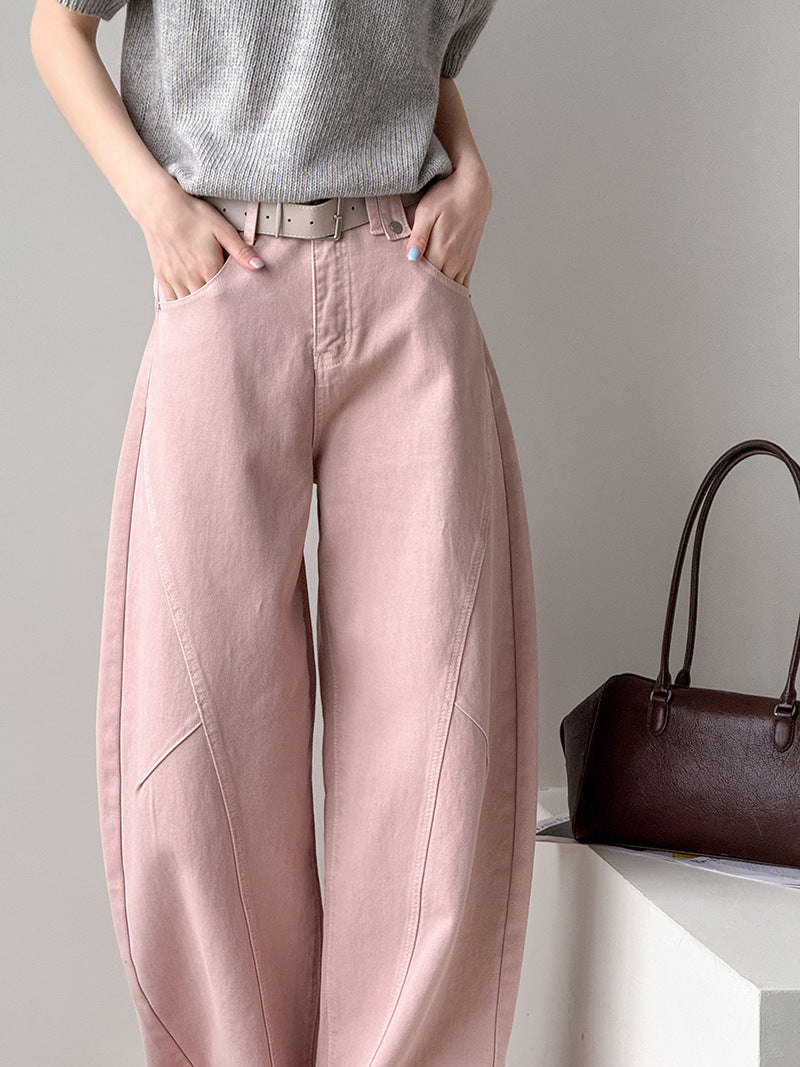 美式復古粉鬆弛高腰闊腿休閒褲