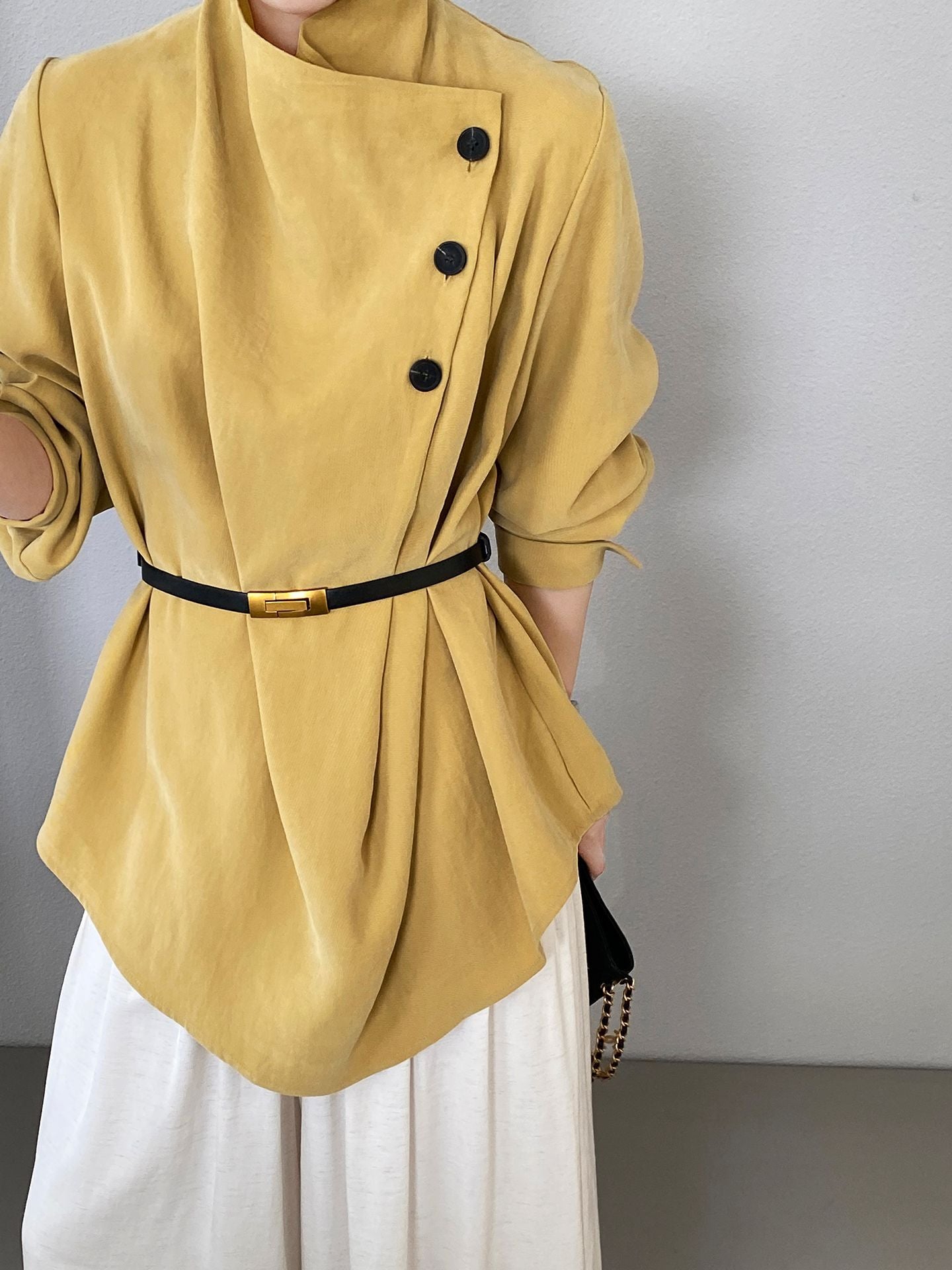 法式立領不規則紐扣收腰顯瘦襯衫+腰帶-2色