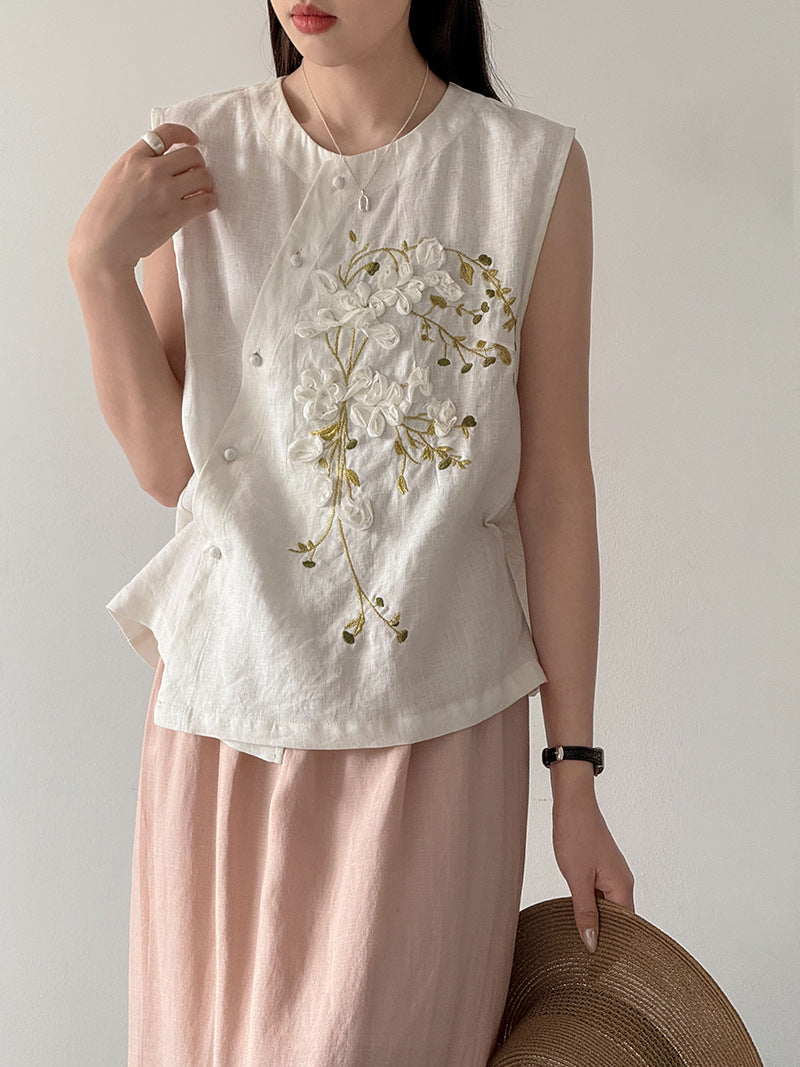 韓系刺繡新中式亞麻無袖馬甲-2色
