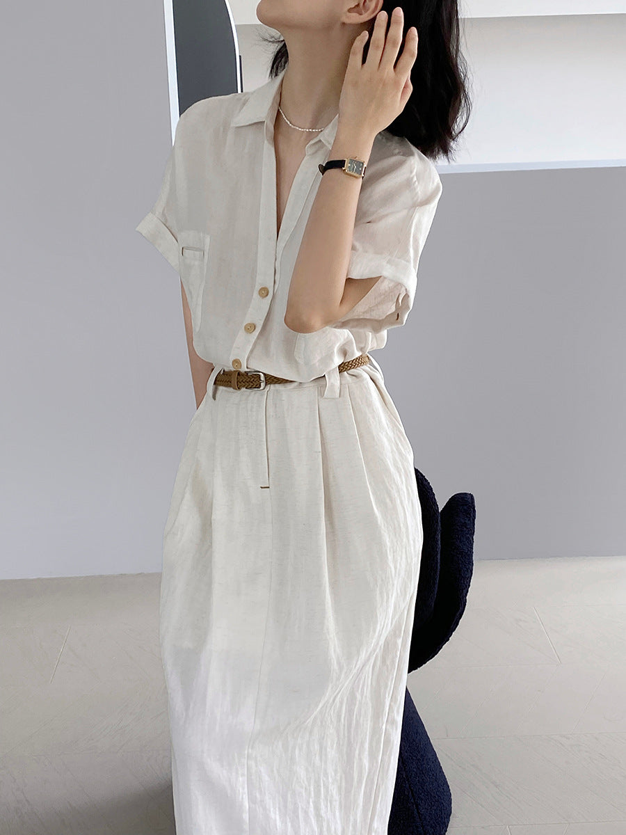 質感亞麻老錢風短袖連身裙+配皮帶