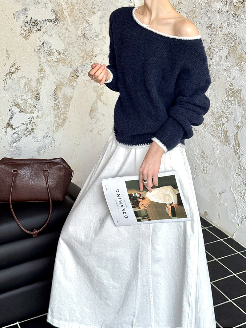 (48H出貨)韓版露肩精緻撞色收腰針織上衣-2色