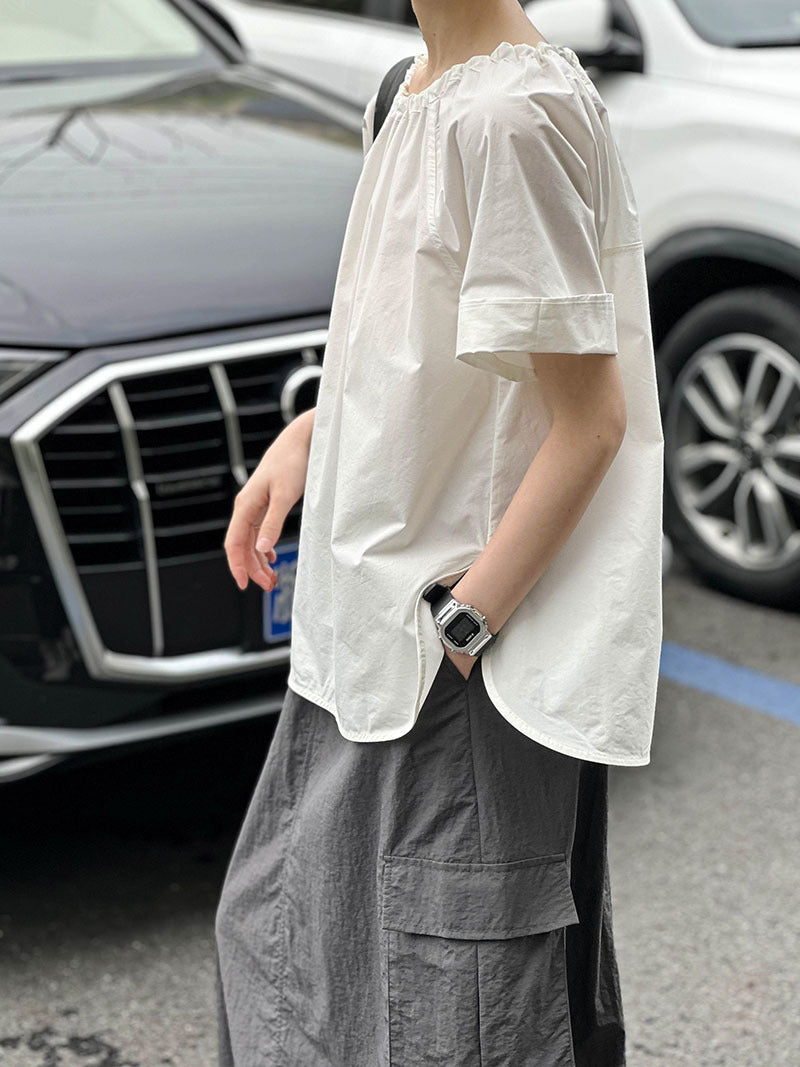 寬鬆純色中袖減齡設計休閒上衣-3色