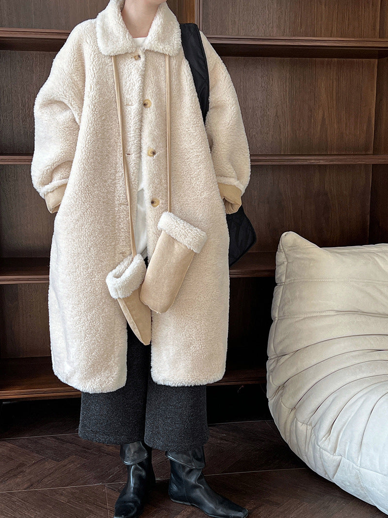 韓版翻領配手套羊羔毛大衣外套